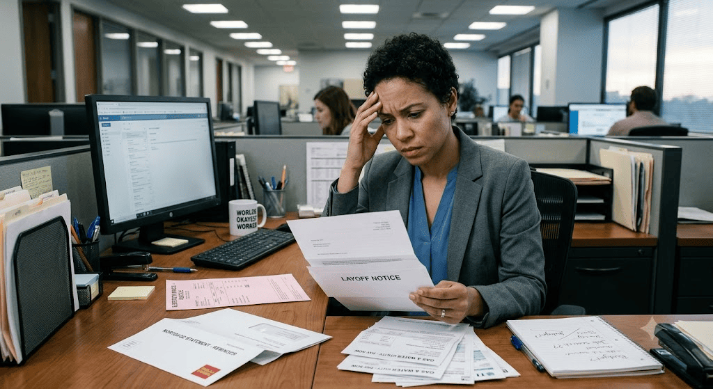Employee reviewing a layoff notice while facing monthly bills and financial uncertainty.