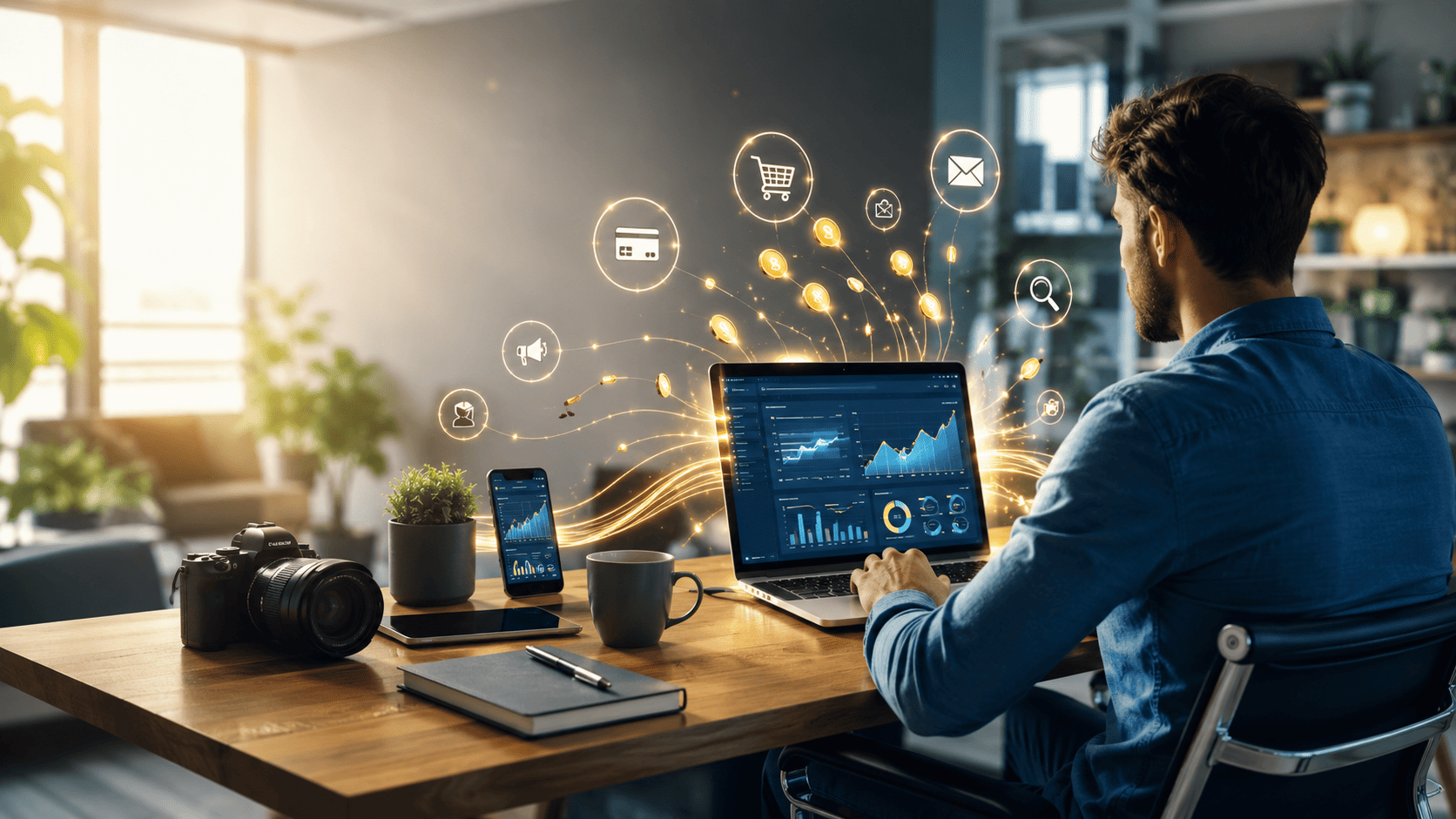Ultra-realistic featured image of a professional blogger working in a modern home office with abstract analytics dashboards, digital marketing icons, glowing commission streams, and a premium affiliate marketing success concept.