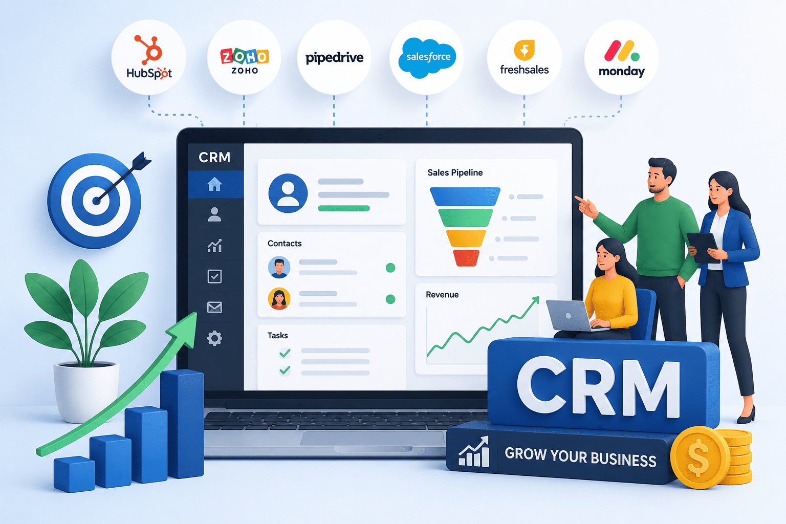 Modern CRM dashboard helping small businesses manage customers, automate sales, track leads, and grow revenue with customer relationship management software.