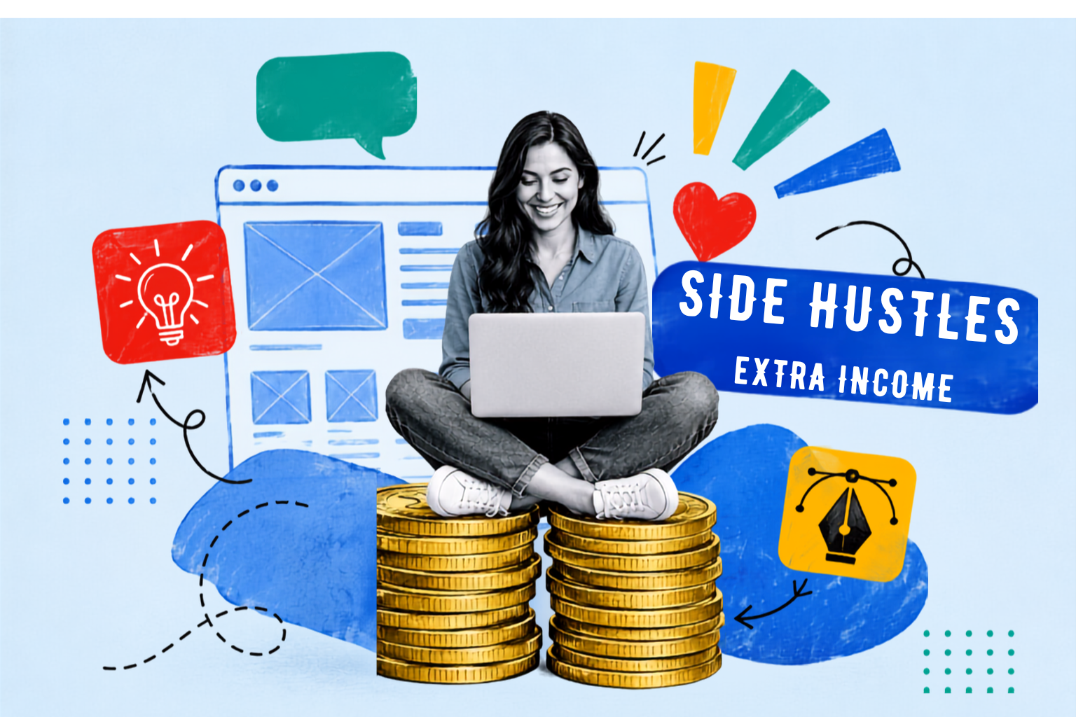 Illustration of a smiling woman sitting cross-legged on stacks of gold coins working on a laptop, surrounded by icons for creative design, web layout, and ideas, with text reading Side Hustles Extra Income.