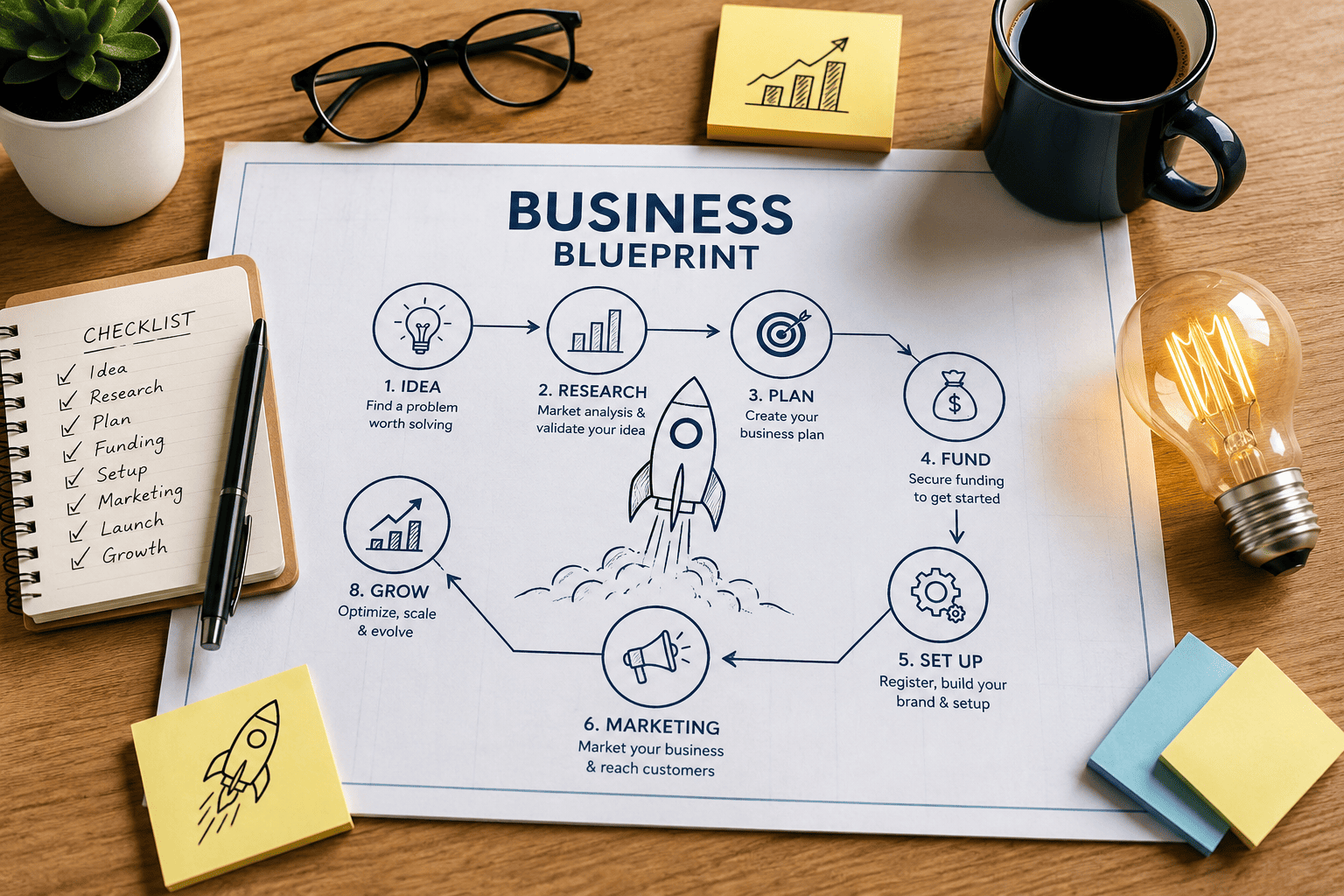 A flat-lay desk view featuring a business blueprint flowchart detailing stages from idea, research, plan, fund, setup, marketing, launch, to growth, accompanied by a checklist, glasses, and a lightbulb.