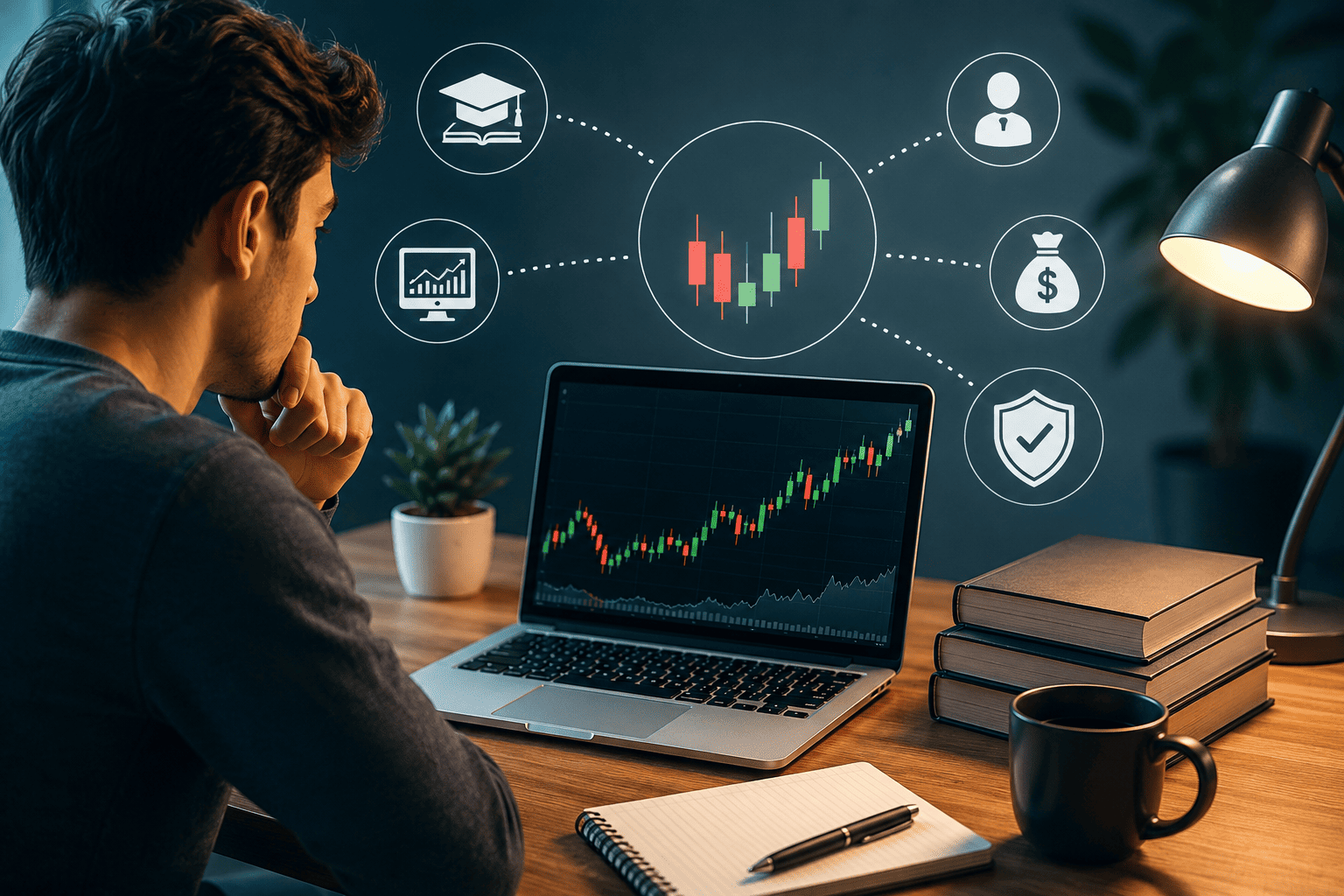 A beginner learning online trading on a laptop while analyzing stock market charts and financial data in a modern workspace.