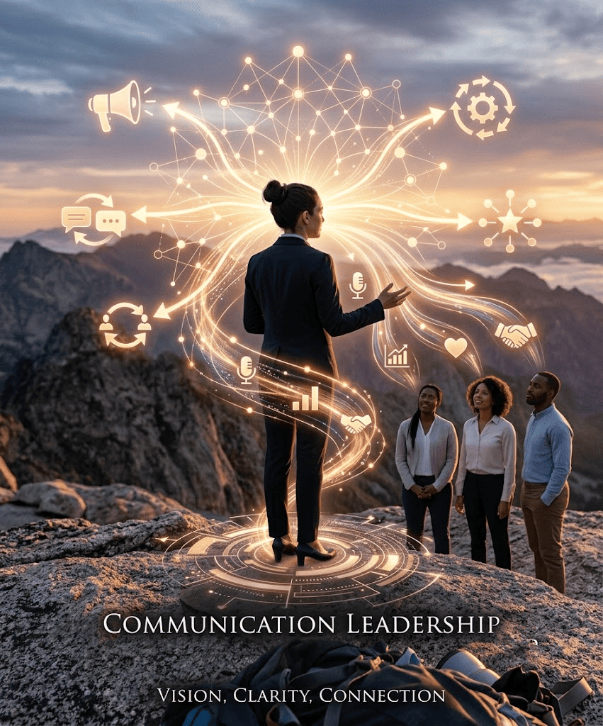A female leader in a suit giving a presentation to a team on a mountain peak at sunset, with a digital halo illustrating communication leadership concepts.