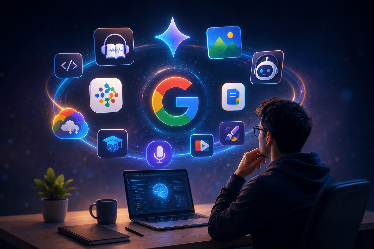 Illustration of a professional using Google's AI ecosystem with Gemini, AI productivity tools, coding, research, image generation, and creative applications in a futuristic digital workspace.