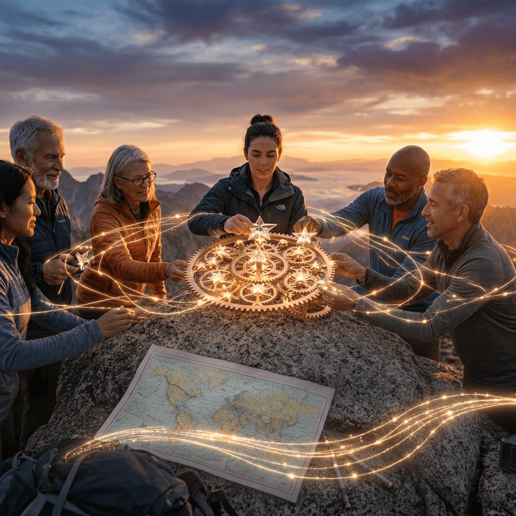 A diverse team of five collaborators on a mountain summit at sunset, working together to assemble a large, glowing, intricate gear mechanism with star components, symbolizing global harmony and shared vision.