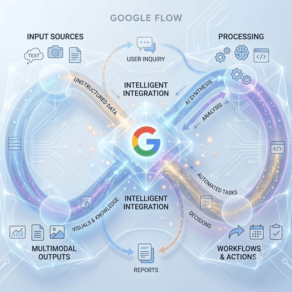 A circular flow infographic titled "Google Flow" with the Google logo at the center, illustrating "Input Sources" of text and camera data transforming via "Intelligent Integration" into "Multimodal Outputs," "Processing," and "Workflows & Actions."