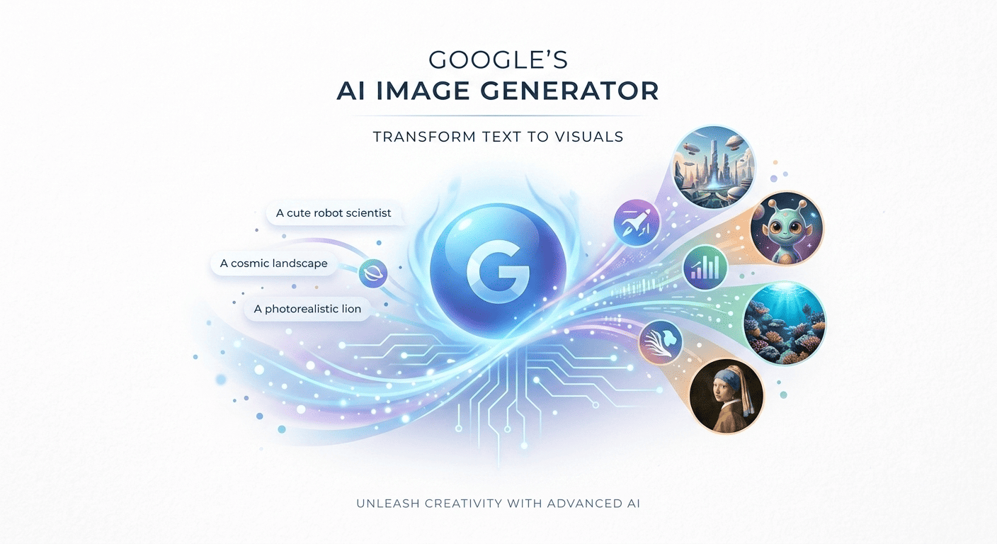 An infographic showing Google's AI Image Generator turning text prompts like 'A cosmic landscape' into diverse visual artwork and graphics.