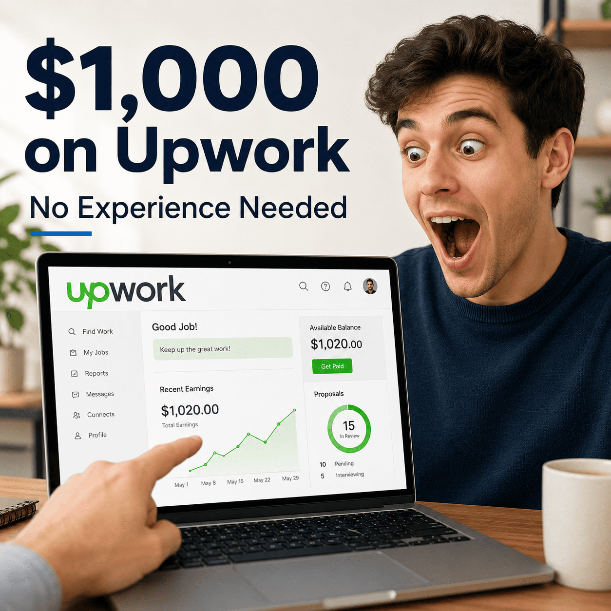 Excited freelancer looking at a laptop displaying the Upwork dashboard while learning how to make the first $1,000 on Upwork with zero reviews.
