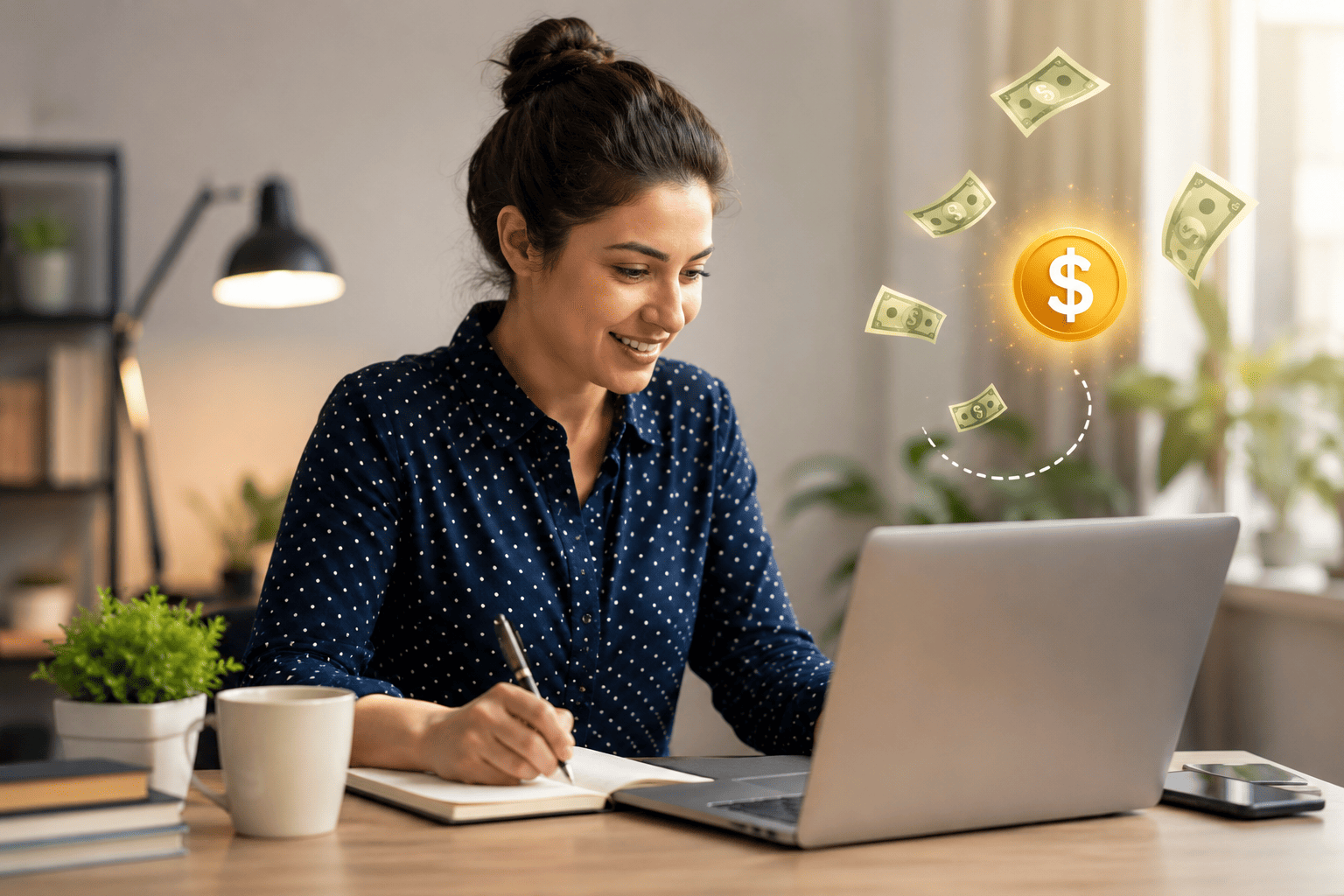 Freelance writer working on a laptop from a home office with money symbols representing online income and remote writing opportunities.