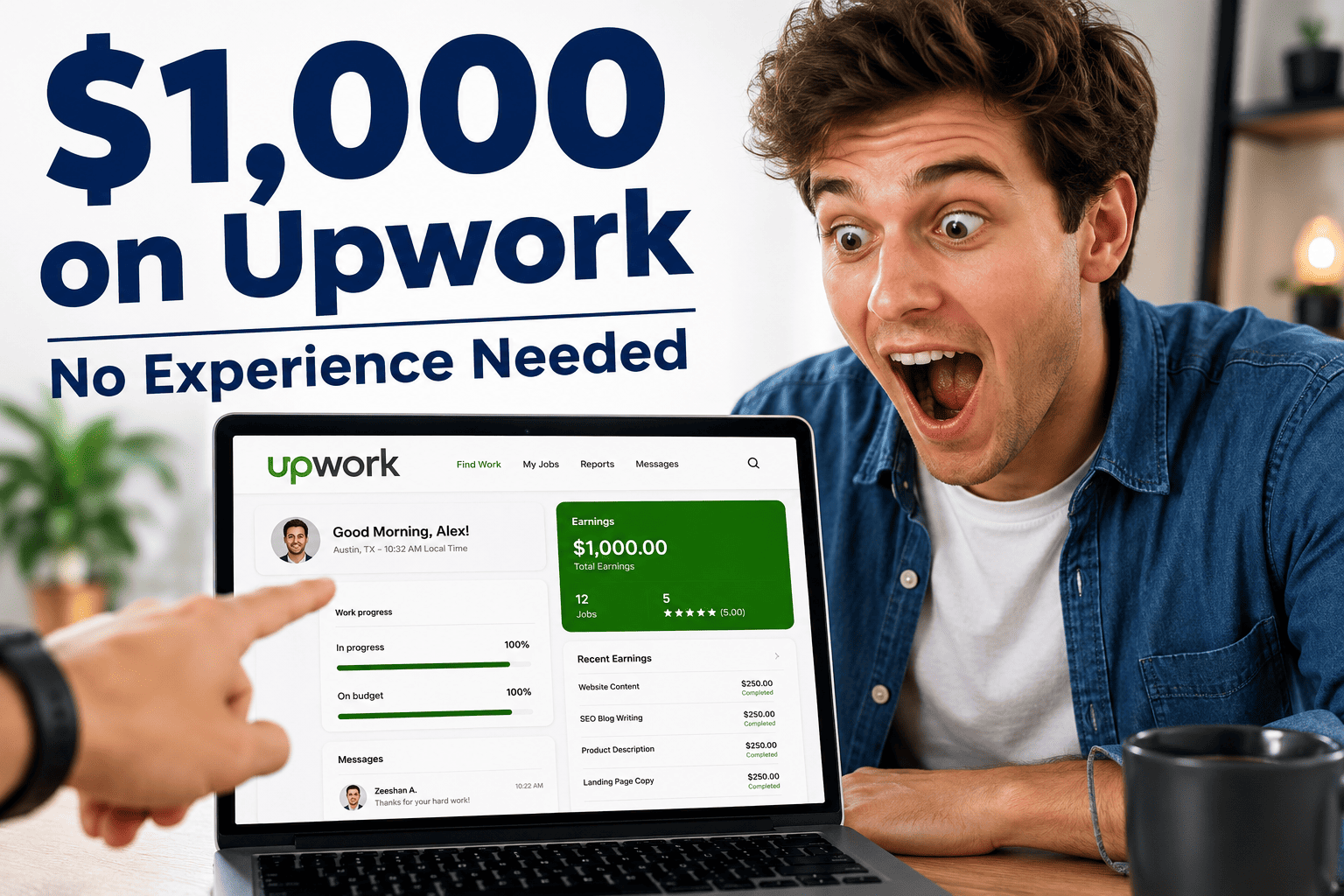 Excited freelancer looking at a laptop displaying the Upwork dashboard while learning how to make the first $1,000 on Upwork with zero reviews.