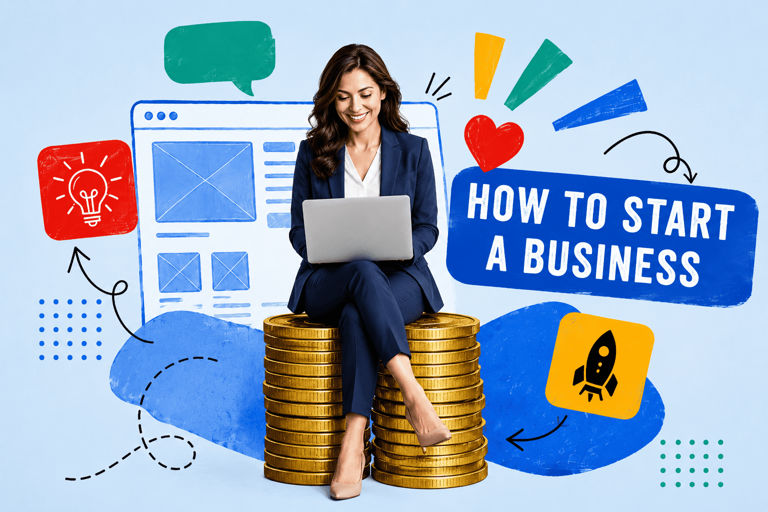 Professional businesswoman using a laptop while planning how to start a business with startup and growth illustrations in the background.