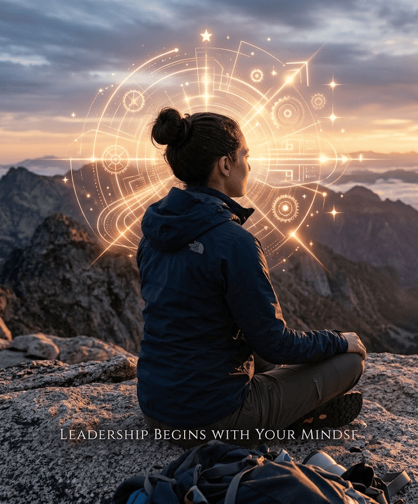 A person sitting on a mountain summit at sunset, reflecting deeply with a glowing, intricate digital halo around their head, symbolizing strategic leadership and a growth mindset.
