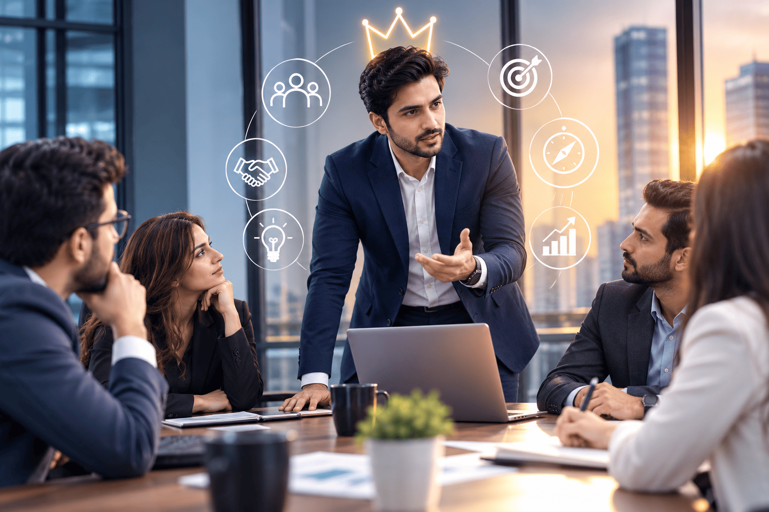 A confident business professional inspiring a diverse corporate team during a boardroom meeting, illustrating that true leadership comes from influence, collaboration, and vision rather than job titles.