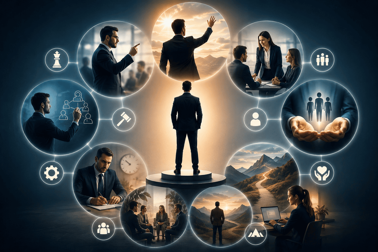 Professional business leader demonstrating different leadership styles including transformational, democratic, coaching, servant, visionary, and strategic leadership in a modern corporate environment.