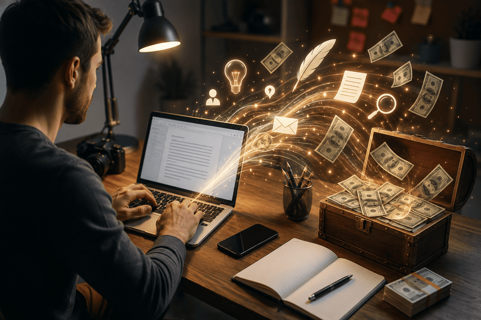 Professional copywriter working on a laptop with creative ideas and digital marketing elements symbolizing making money online through copywriting.