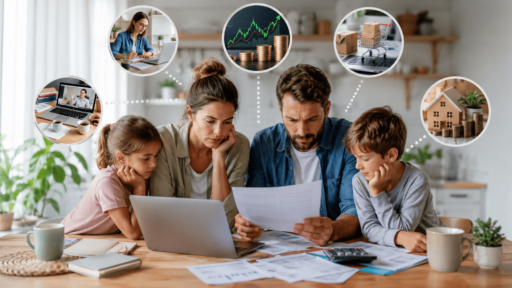 American family reviewing household finances while exploring multiple income streams through freelancing, investing, remote work, e-commerce, and passive income.