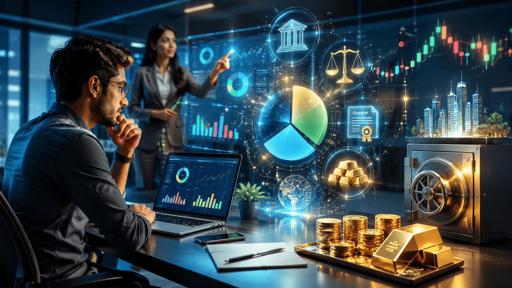 Professional investor analyzing a diversified mutual fund portfolio with digital financial charts and investment growth concepts.