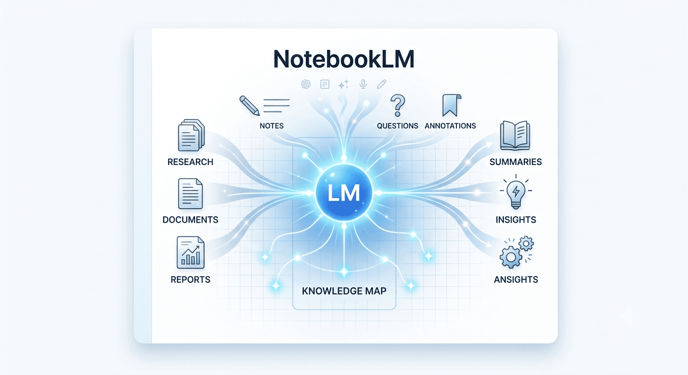 An infographic displaying NotebookLM transforming research documents, notes, and reports into summaries and insights.