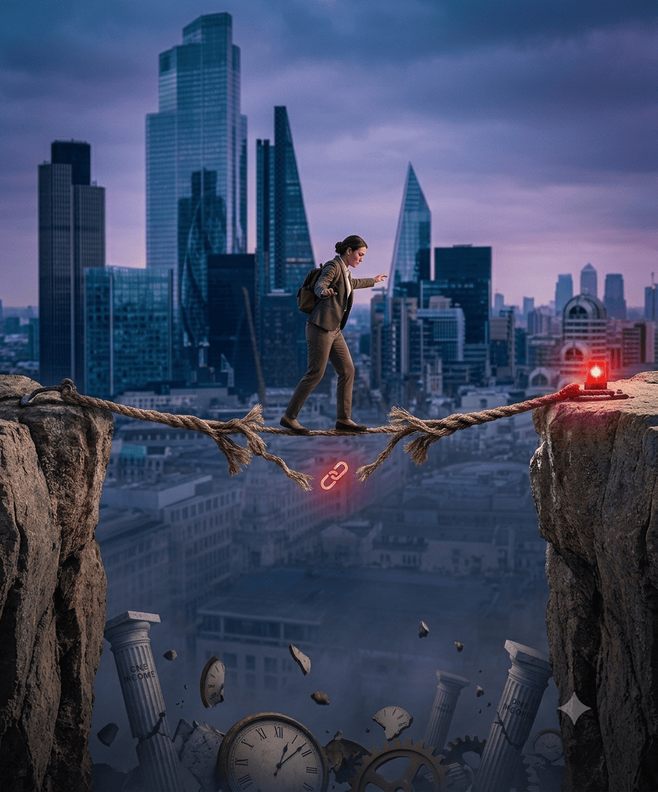 A businesswoman balancing on a fraying, snapping tightrope rope bridge between two cliffs over a city skyline, representing the financial risk of relying on a single income stream.