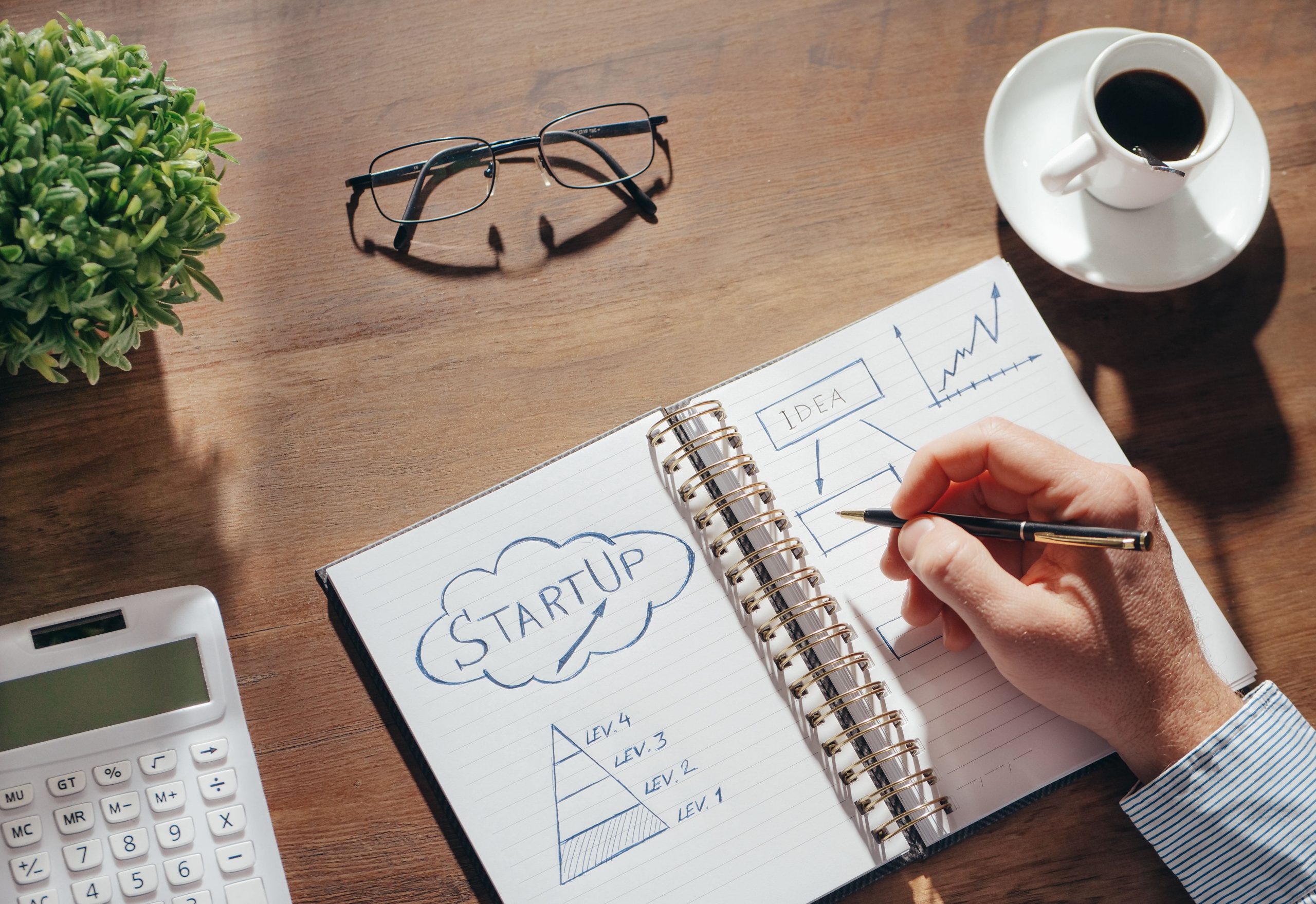 Top view of a person writing in a notebook on a wooden desk with a calculator, coffee cup, and glasses, drafting a startup business plan and growth chart.