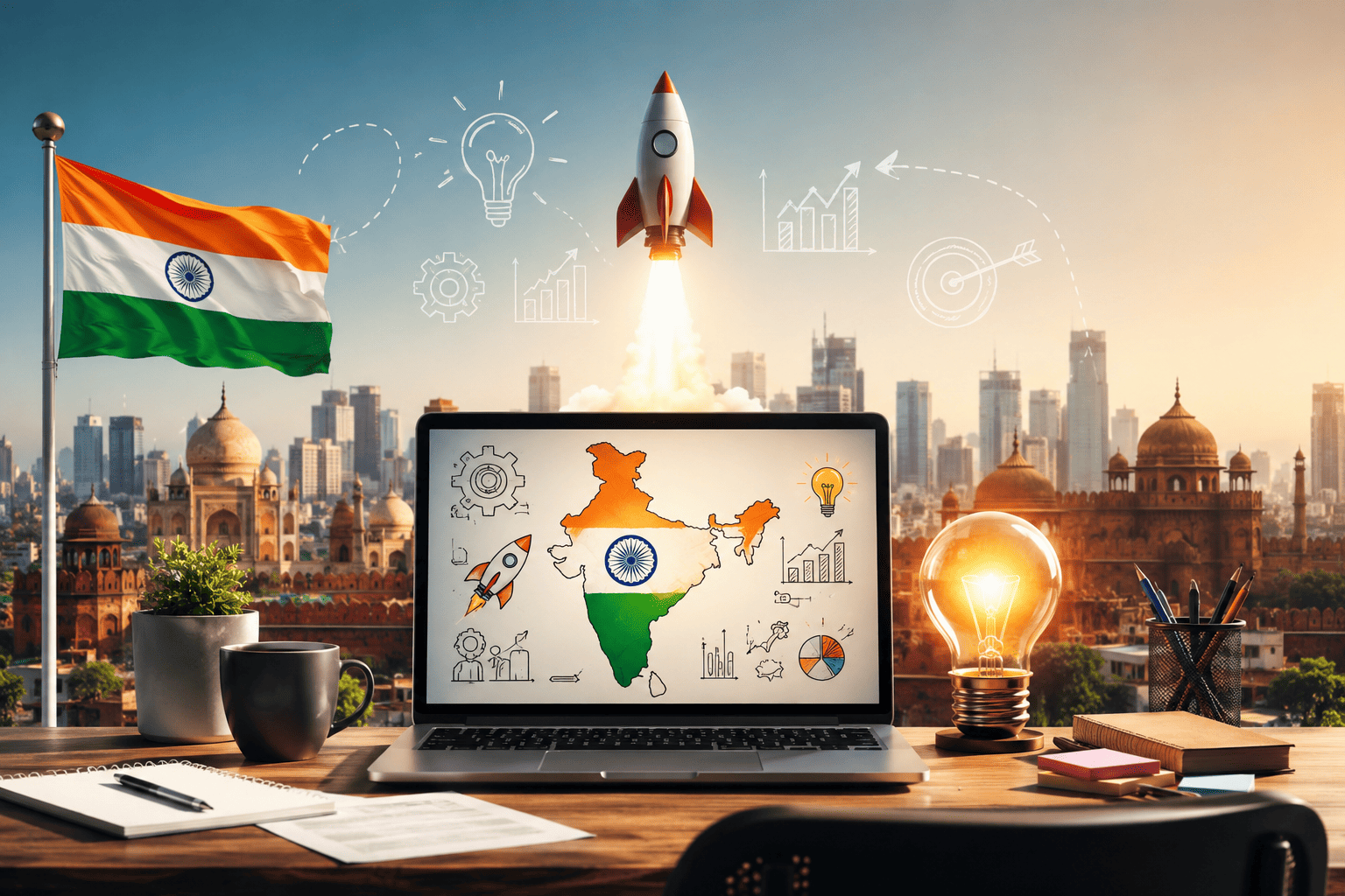 Creative illustration of an Indian startup workspace with business elements, innovation, entrepreneurship, laptop, rocket launch, and iconic Indian landmarks representing startup ideas in India.