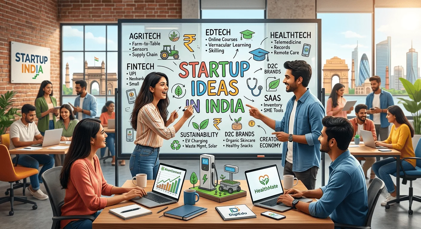 Explore profitable startup ideas in India. This illustration captures a dynamic team brainstorming top opportunities in AgriTech, FinTech, EdTech, and more. Launch your venture!