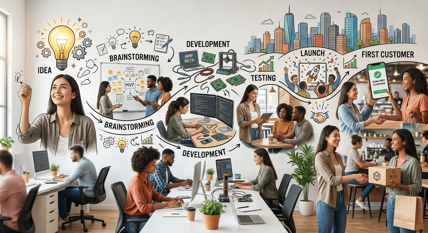 A visual timeline of a startup journey from the initial spark of an idea to securing the first customer, showing brainstorming, development, testing, product launch, and a happy customer handshake in a modern office.
