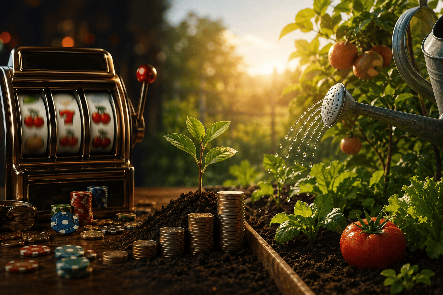 Conceptual illustration comparing the stock market to a growing garden with healthy plants, coins, and a watering can beside a casino slot machine, symbolizing long-term investing over gambling.