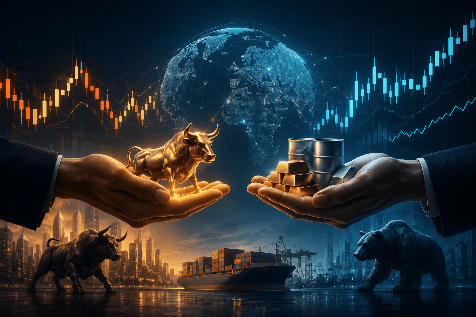 Digital illustration representing financial trading with bullish and bearish market trends, global finance, candlestick charts, commodities, and investment concepts.
