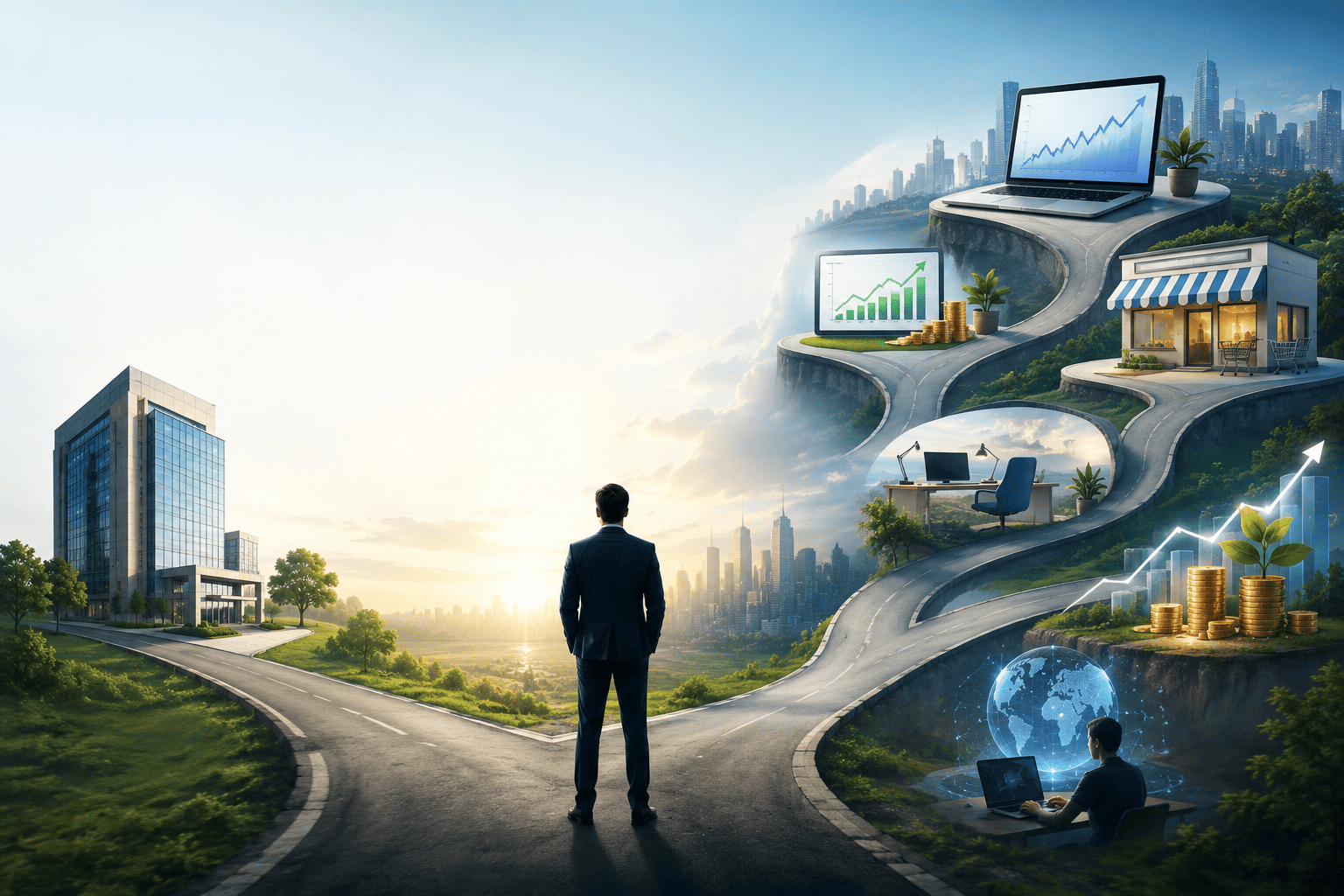 Professional exploring multiple income streams including freelancing, investing, online business, and passive income instead of relying on one job.