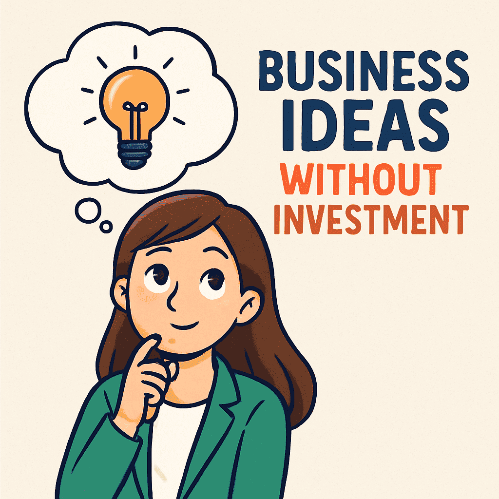 An illustration of a thinking woman with a lightbulb thought bubble next to the text "Business Ideas Without Investment"