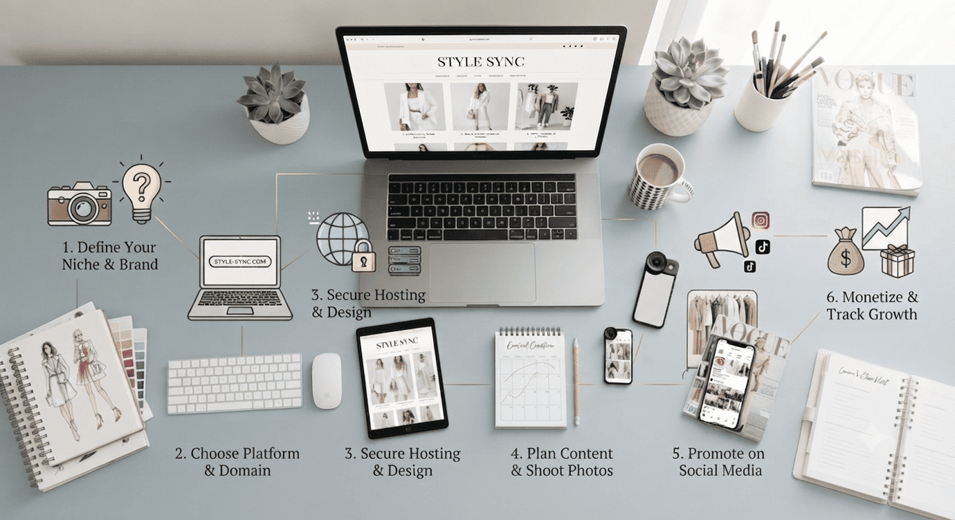 A modern fashion blogger workspace displaying step-by-step planning tools, a laptop with website designs, magazines, and social media growth icons.