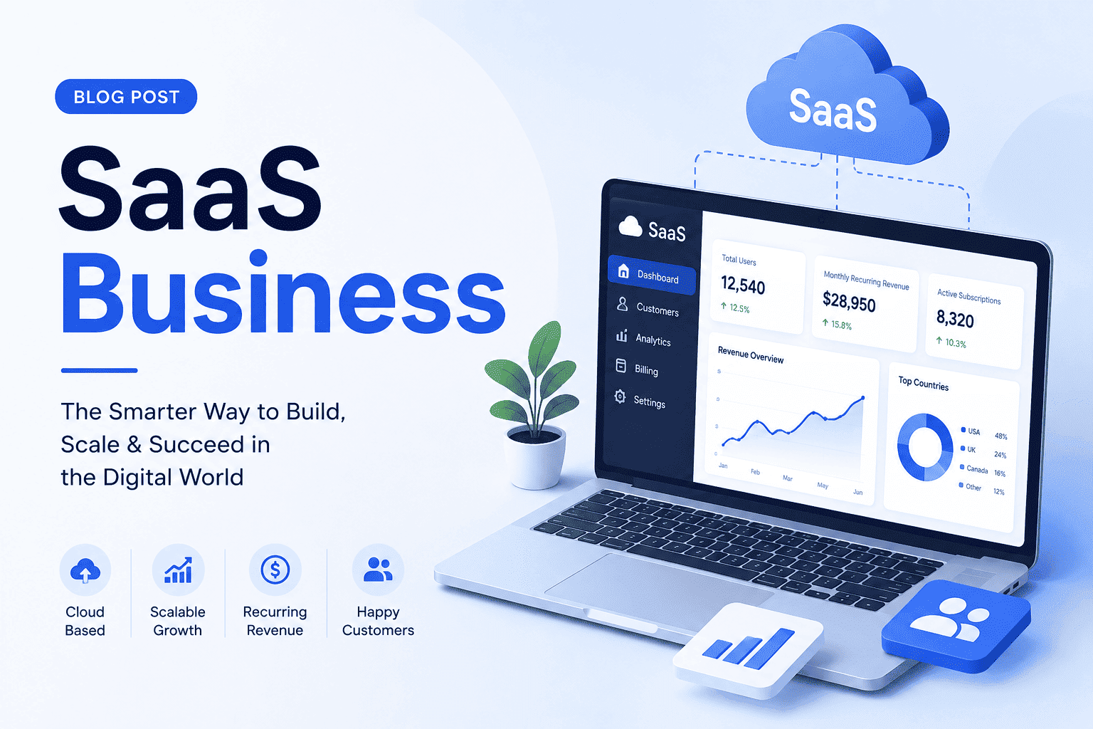 3D blog banner showing a laptop displaying a SaaS dashboard with metrics alongside text reading SaaS Business: The Smarter Way to Build, Scale & Succeed in the Digital World.