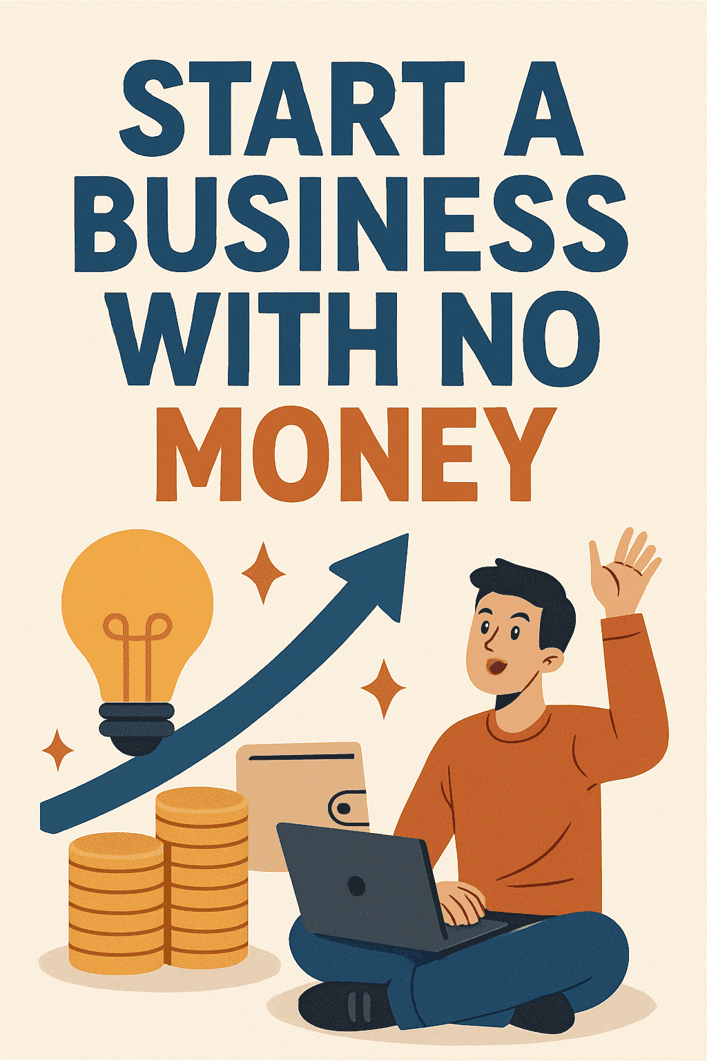 Illustration featuring a person working on a laptop with the bold text "Start a Business with No Money," a lightbulb, coins, and an upward growth arrow.