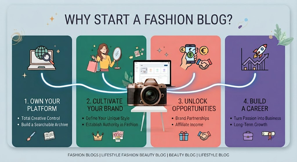 Infographic outlining why to start a fashion blogs, lifestyle fashion beauty blog, beauty blog, and lifestyle blog with four key growth pillars.