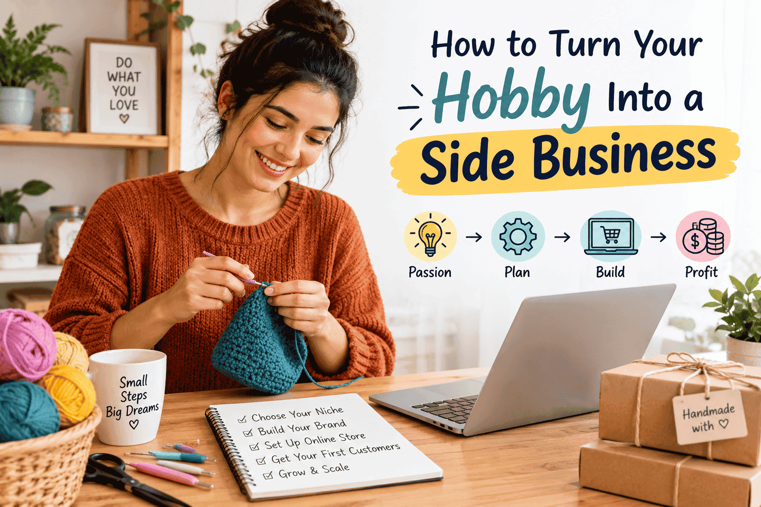 Woman crocheting blue yarn at a desk next to a laptop, notepad checklist, and wrapped package, with text overlay reading "How to Turn Your Hobby Into a Side Business" and a 4-step process from Passion to Profit.