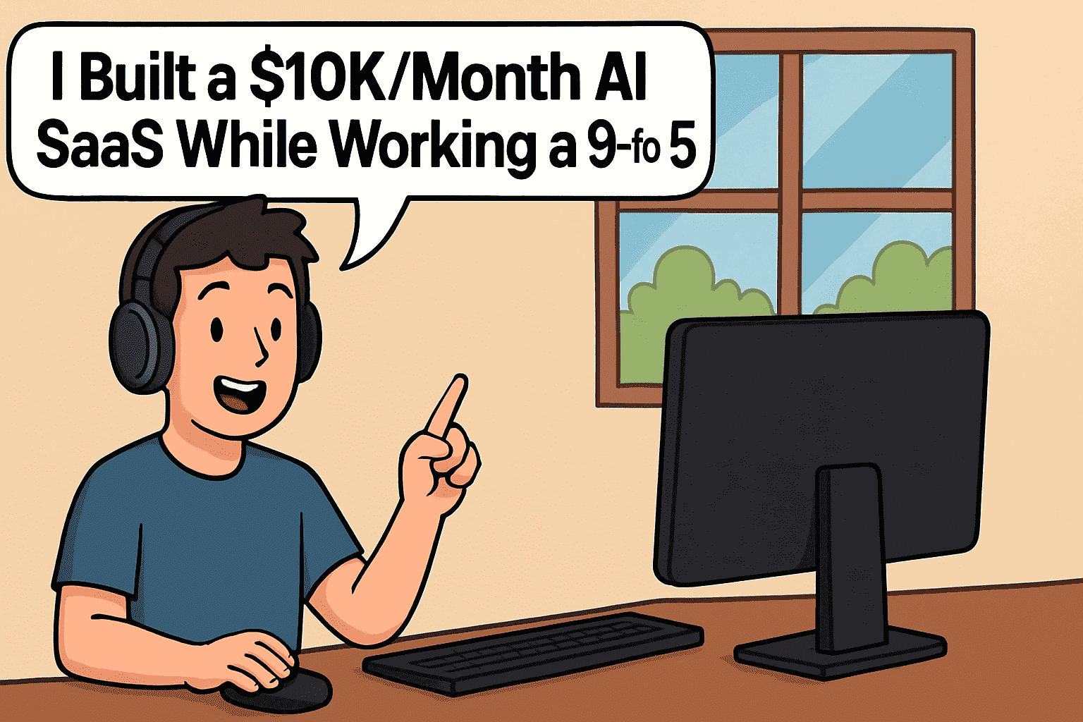 Illustration of a person at a desk pointing at a computer, with a speech bubble reading "I Built a $10K/Month AI SaaS While Working a 9-to-5"